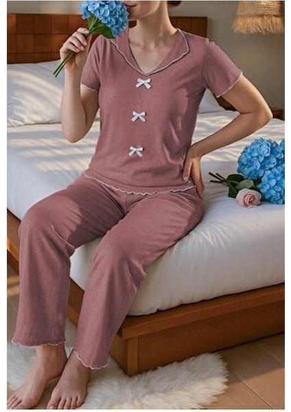 Pamuklu Gül Kurusu Fiyonk Detaylı Mevsimlik Pijama Takımı modelleri