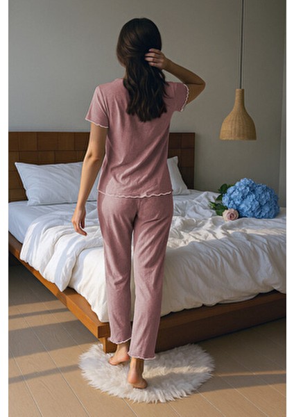 Pamuklu Gül Kurusu Fiyonk Detaylı Mevsimlik Pijama Takımı fırsatları