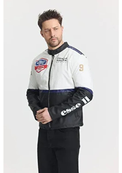 Erkek Oversize Motorcu Mont Şeritli Garnili Kolej Mont Yarışçı Erkek Ceket