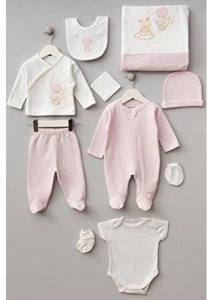 10 Parça Kutulu Unisex Yenidoğan Hastane Çıkışı Zıbın Seti Balonlu Tavşan Temalı