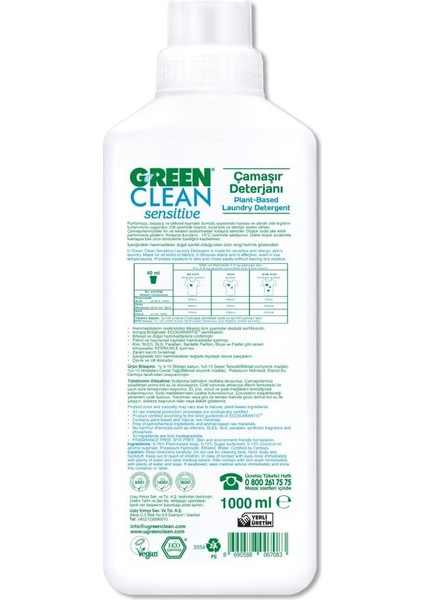 Green Clean Sensitive Parfümsüz Bitkisel Çamaşır Deterjanı 1000ML fiyatları