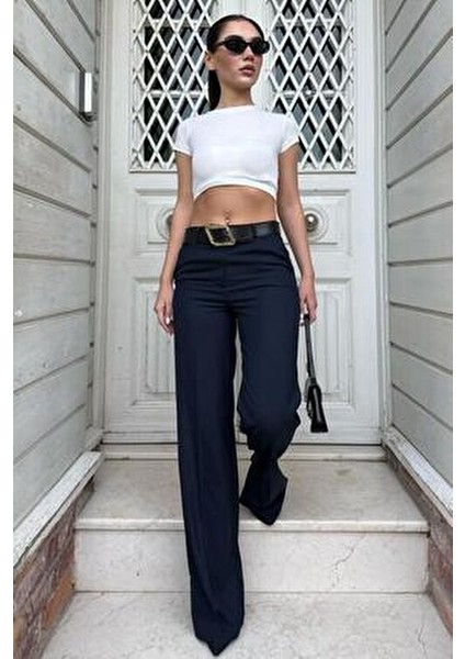 Kadın Yüksek Bel Kumaş Pantolon MG2285 Düz Desen Lacivert Renk ve Dokuma Özellikleri fiyatları