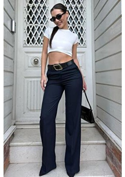 Kadın Yüksek Bel Kumaş Pantolon MG2285 Düz Desen Lacivert Renk ve Dokuma Özellikleri modelleri