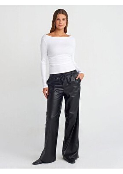 31401 Büzgülü Kayık Yaka Top-Beyaz