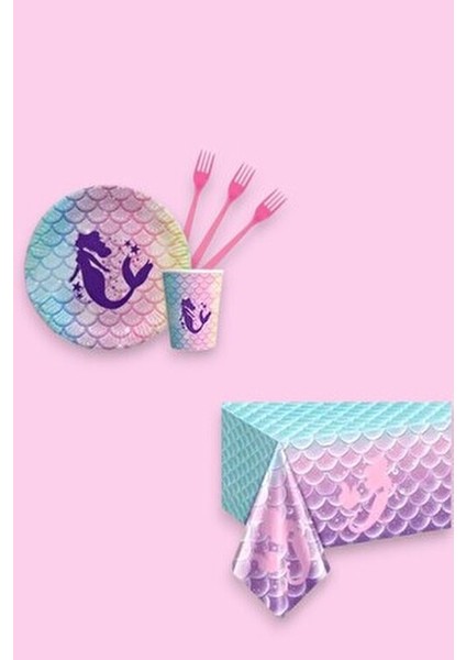 Deniz Kızı 24 Kişilik Doğum Günü Parti Seti Pembe Renkli Deniz Kızı Konsepti Süslemeler