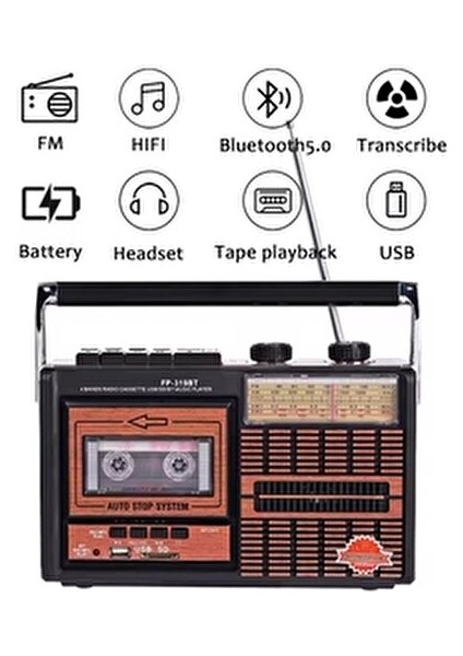 Fp 319BT Bluetooth Hoparlör Retro USB Kart Fm Radyo Kaset Teyp Çalar Playback Pilli Müzik Player