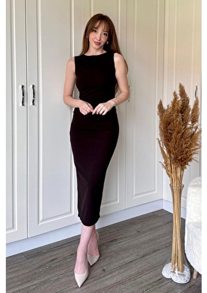 Drapeli Midi Kahverengi Elbise