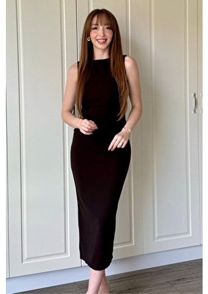 Drapeli Midi Kahverengi Elbise