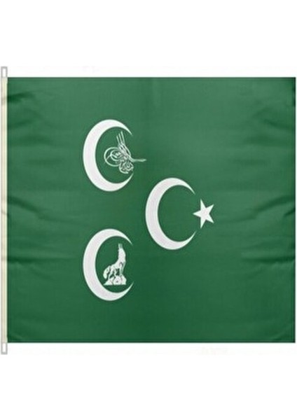 Yeşil Üç Hilal Osmanlı Tuğra Bayrağı 50X75 cm Yıkanabilir Tekstil Malzeme ile Üretilmiştir