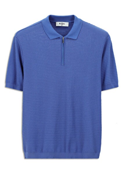 Slim Fit Dar Kesim Pamuk Desenli Fermuarlı Polo Yaka Tişört
