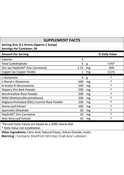 Healthy Gut Berry Pepzingı® Zinc Carnosine Copper L-Glutamine L-Alanyl-L-Glutamine N-Acetyl-D-Glucosamine Slippery Elm Bark Msm (Dgl) Licorice Stevia Quercetin Carnosine Aloe Vera fiyatları