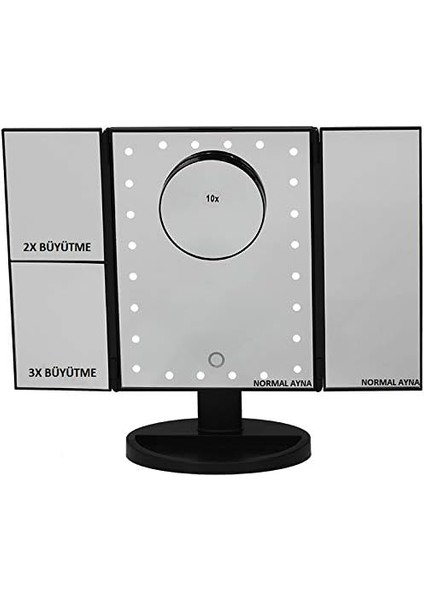 Of Myth - 1X-2X-3X-10X Büyütmeli 24 LED Işıklı Makyaj Aynası, 3 Panel, Katlanabilir, Dokunmatik Sensörlü (Siyah)
