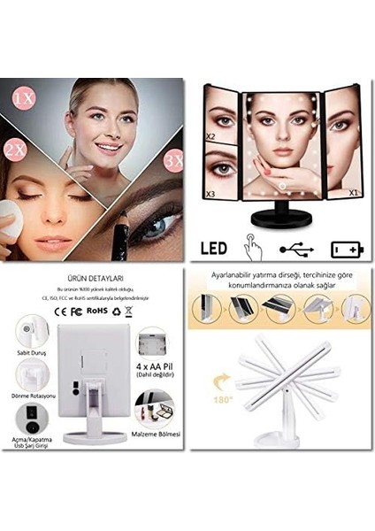 Of Myth - 1X-2X-3X-10X Büyütmeli 24 LED Işıklı Makyaj Aynası, 3 Panel, Katlanabilir, Dokunmatik Sensörlü (Siyah) indirimleri