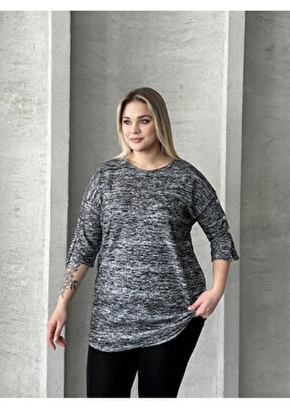 Büyük Beden Yarım Kollu Düğme Detaylı Yumuşak Dokulu Kazak Kadınlar İçin Gri