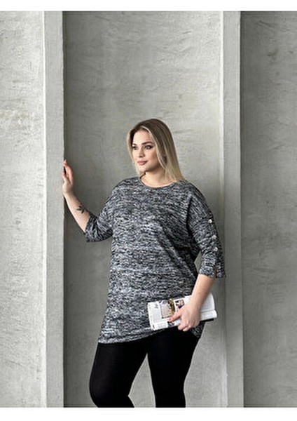 Büyük Beden Yarım Kollu Düğme Detaylı Yumuşak Dokulu Kazak Kadınlar İçin Gri fiyatları