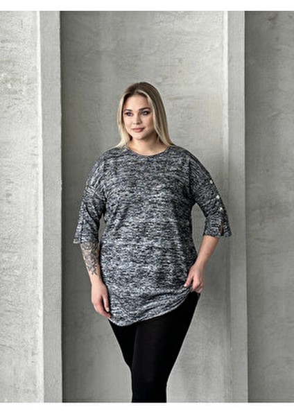 Büyük Beden Yarım Kollu Düğme Detaylı Yumuşak Dokulu Kazak Kadınlar İçin Gri fırsatları