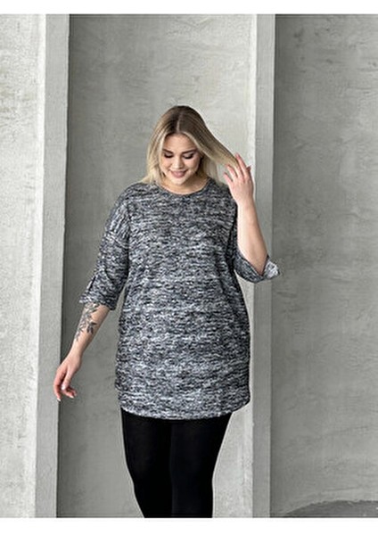 Büyük Beden Yarım Kollu Düğme Detaylı Yumuşak Dokulu Kazak Kadınlar İçin Gri