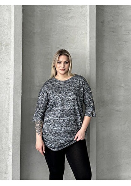 Büyük Beden Yarım Kollu Düğme Detaylı Yumuşak Dokulu Kazak Kadınlar İçin Gri