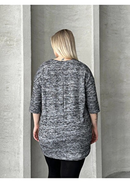 Büyük Beden Yarım Kollu Düğme Detaylı Yumuşak Dokulu Kazak Kadınlar İçin Gri