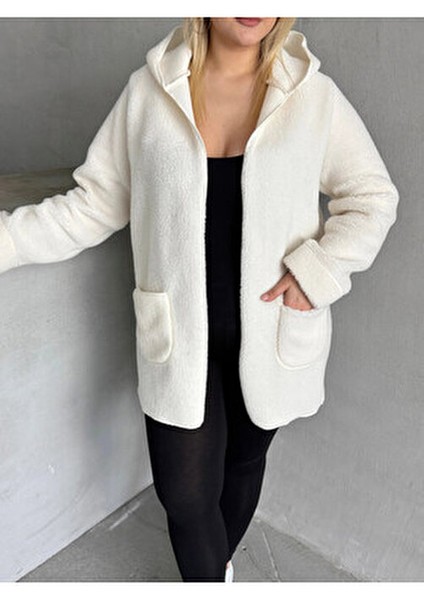 Büyük Beden Önü Kapamasız Cepli Kapüşonlu Ince Peluş Ceket 301256