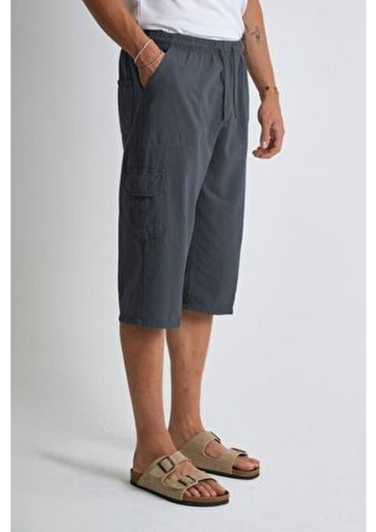 Erkek Kargo Cep Kapri %100 Pamuk Keten Görünümlü Düz Desenli Yazlık Rahat Kesim