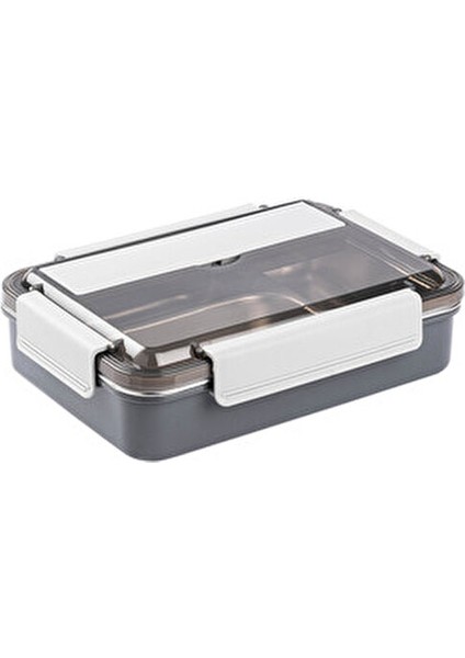 Gri Paslanmaz Çelik Dikdörtgen 3 Bölmeli Çatal ve Kaşıklı Yemek Taşıma Kabı 1.1l