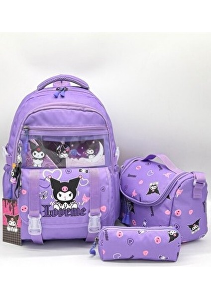 Kore Tarzı Aksesuarlı Termal Beslenmelik ve Kalemlikli Kız Çocuk Sırt Okul Çantası Seti