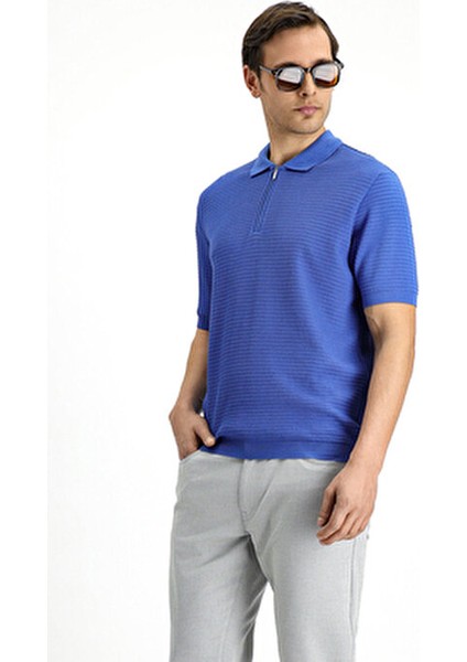 Slim Fit Dar Kesim Pamuk Desenli Fermuarlı Polo Yaka Tişört