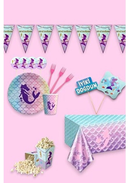 16 Kişilik Deniz Kızı Doğum Günü Parti Malzemeleri Seti Renkli ve Eğlenceli Dekorasyon