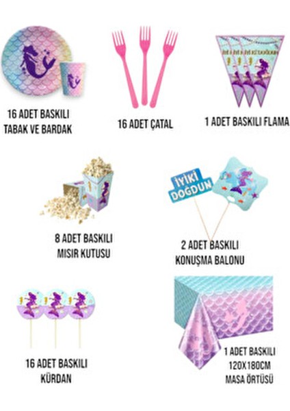 16 Kişilik Deniz Kızı Doğum Günü Parti Malzemeleri Seti Renkli ve Eğlenceli Dekorasyon fiyatları
