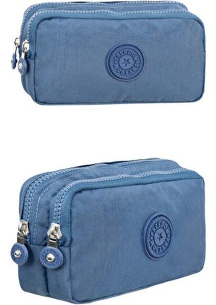 Krinkıl Kumaş Çift Bölmeli Gözlü Kalemlik Kalem Kutusu Mavi