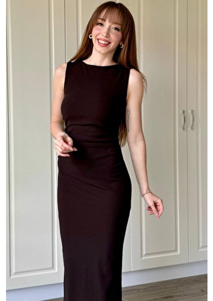 Drapeli Midi Kahverengi Elbise