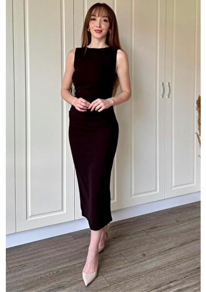 Drapeli Midi Kahverengi Elbise