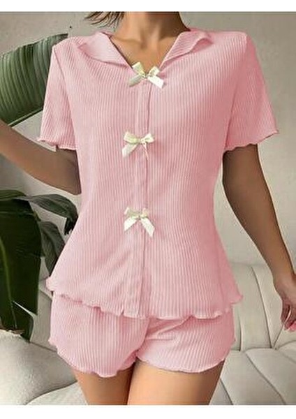 Pijama Takımı Toz Pembe Fiyonk Detaylı Düz Desenli