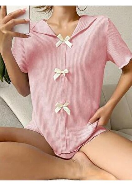 Pijama Takımı Toz Pembe Fiyonk Detaylı Düz Desenli fiyatları
