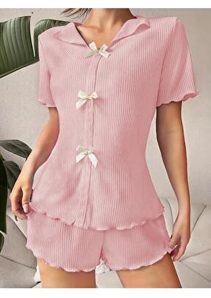 Pijama Takımı Toz Pembe Fiyonk Detaylı Düz Desenli modelleri