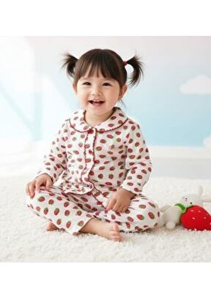 Çilek Baskılı Bebek Yenidogan Çocuk Kiz Erkek Pamuklu Oyali Pijama Takımı Hediyelik