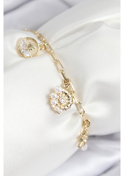 Pirinç Zirkon Taşlı Deniz Kabuğu Model Gold Renk Kadın Bileklik