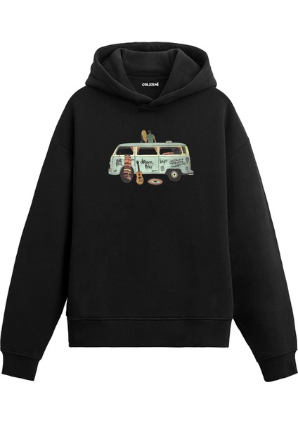 Karavan ve Müzik Temalı Tasarım Baskılı Retro Unisex Kapüşonlu Hoodie