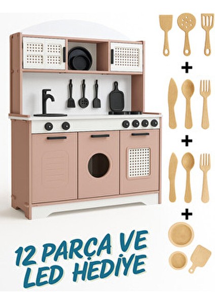 Elizya Ahşap Oyuncak Mutfak 12 Parça Servis Seti LED Hediyeli Ahşap Tasarım