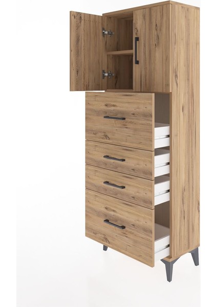 Arges Dolap 2 Raflı 4 Çekmeceli 2 Kapaklı 60X30X163 Çam-Çam fırsatları