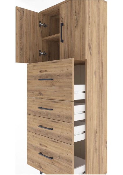 Arges Dolap 2 Raflı 4 Çekmeceli 2 Kapaklı 60X30X163 Çam-Çam indirimleri