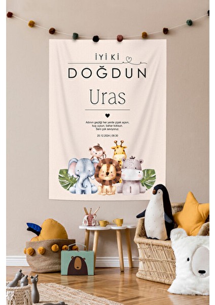 Kişiye Özel Safari Temalı Doğum Günü Kumaş Happy Birthday Duvar Örtüsü Duvar Panosu Flaması