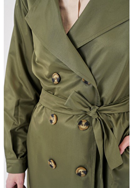 Kadın Haki Renk Kruvaze Yaka Kısa Trençkot Denim Malzeme ile Şık indirimleri