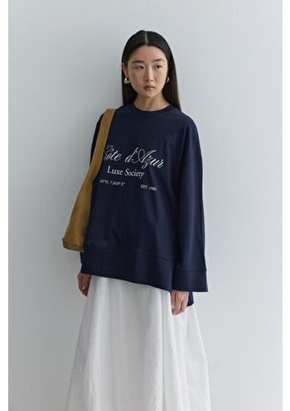 Baskılı Kalın Katlamalı Sweatshirt Lacivert