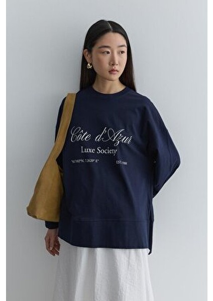 Baskılı Kalın Katlamalı Sweatshirt Lacivert fiyatları