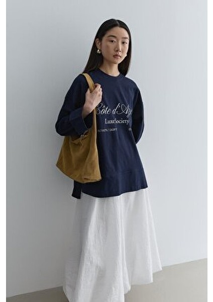 Baskılı Kalın Katlamalı Sweatshirt Lacivert modelleri