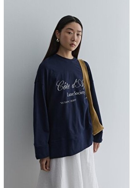 Baskılı Kalın Katlamalı Sweatshirt Lacivert indirimleri