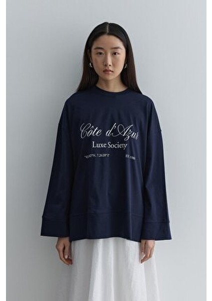 Baskılı Kalın Katlamalı Sweatshirt Lacivert