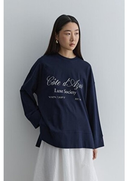 Baskılı Kalın Katlamalı Sweatshirt Lacivert